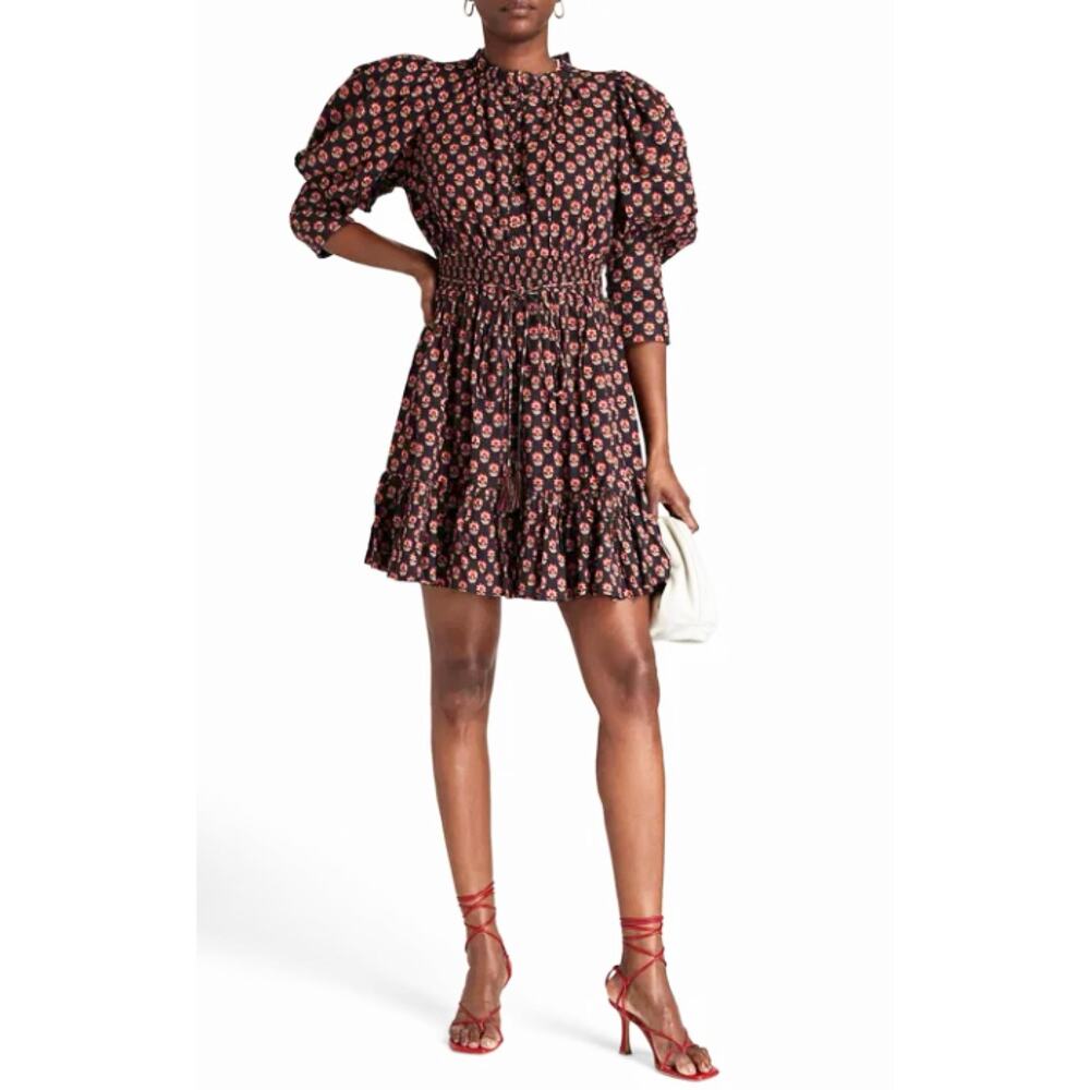 ByTimo Gathered Black Block Print Floral Puff Sleeve Quilted Cuff Mini Dress M